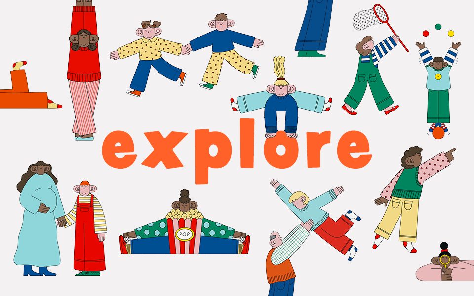 A series of playful cartoon characters depicting children and adults in creative activities, such as juggling, dancing and wearing costumes. Central title reads: explore.