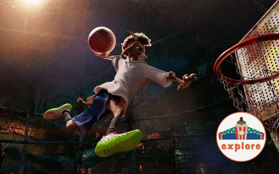 Animated still. A goat in shorts, t-shirt and colourful shoes slam dunks a basketball in a caged court. In the bottom right corner, a roundel featuring a playful illustration of a person sat peering over a bucket of popcorn, on the word 'explore'.