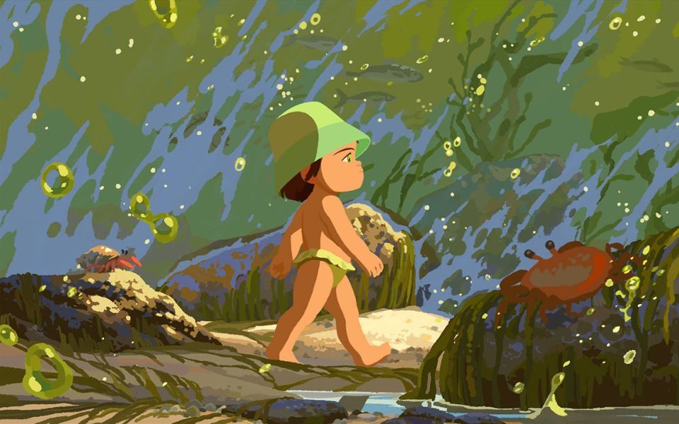 Animated still of a child in a green bucket hat walking through a stream and rocks.