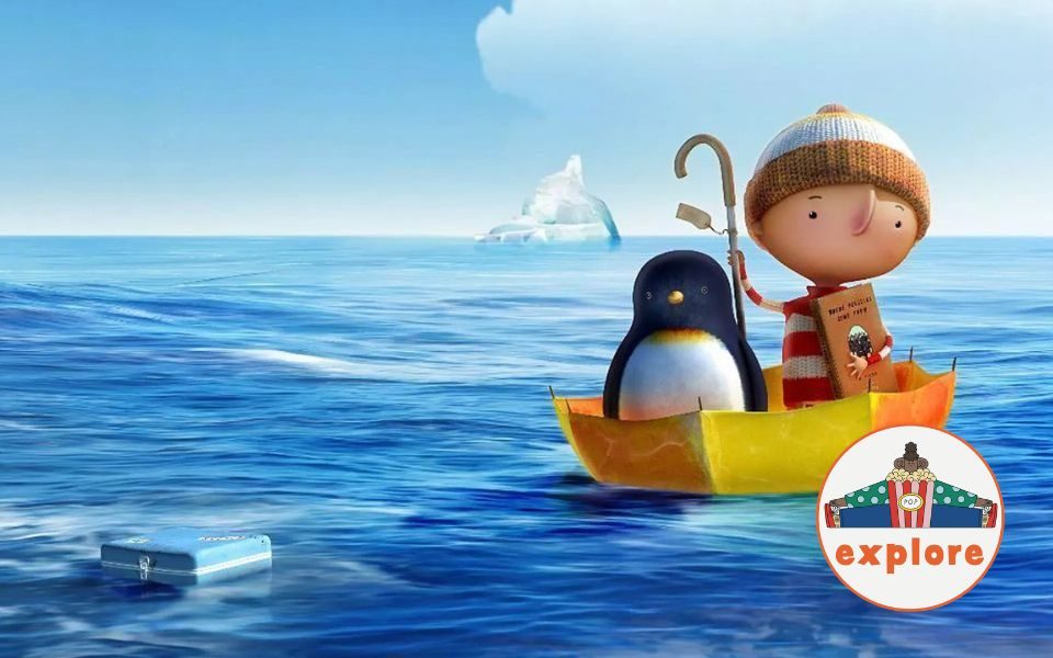 Animated still. A child in a woolly jumper and beanie floats along an icy sea in an upturned umbrella, clutching a book beside a penguin. In the bottom right corner, a roundel featuring a playful illustration of a person sat peering over a bucket of popcorn, on the word 'explore'.