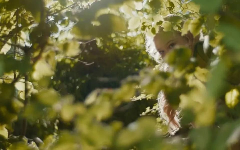 A face can be seen peeking through layers of sun-lit foliage in a green garden.