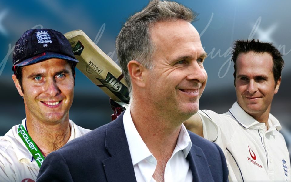 Collage of Michael Vaughan smiling at different points in his career, wearing a suit, holding a cricket bat and in sportswear. A faint signature is visible in the blurred backdrop.