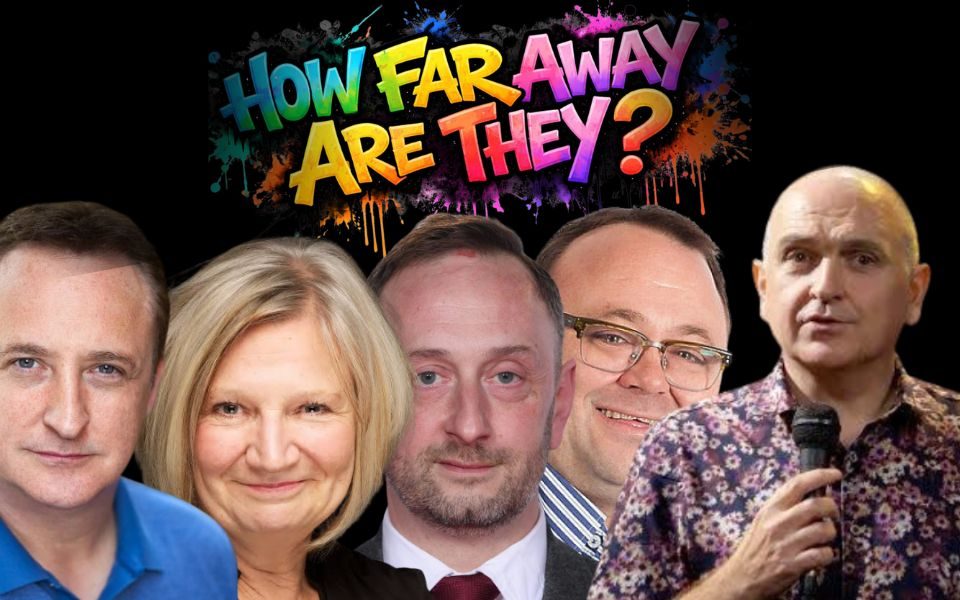 Composite image of Neil Fitzmaurice, Janice Connolly, Steve Edge, Toby Foster and Archie Kelly against a black backdrop. In colourful graffiti font, text reads: How Far Away Are They?