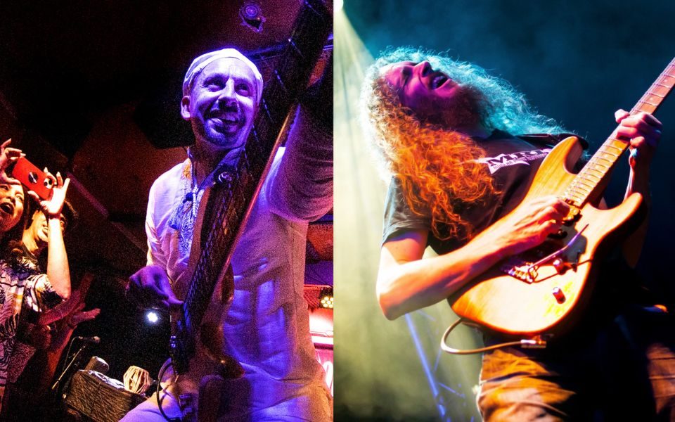 Composite image of Shez Raja and Guthrie Govan both enthusiastically playing guitar on stage.