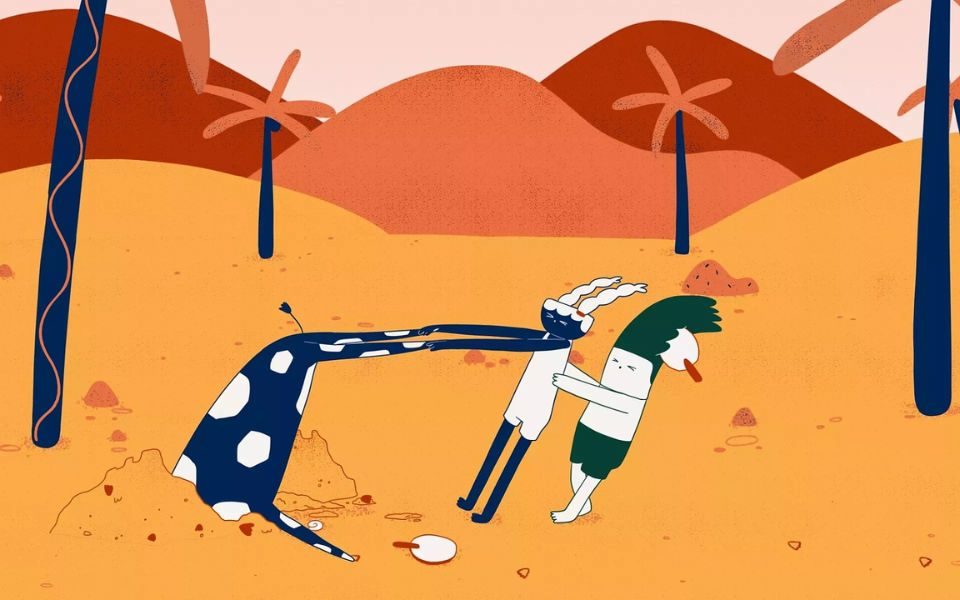 Two cartoon characters on a beach pull on the legs of an animal with its head buried in the sand.