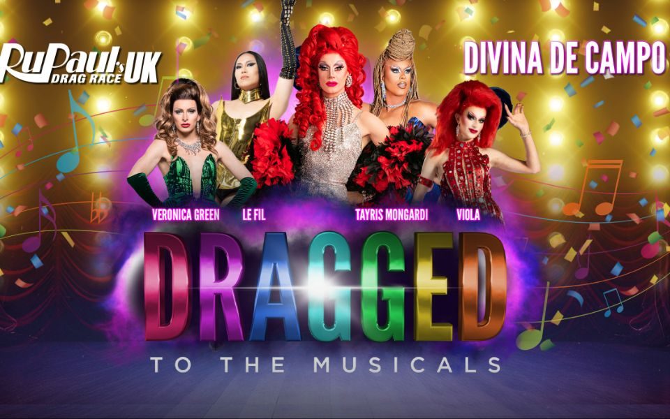 Divina De Campo with red hair wearing silver surrounded by four other Drag artists in front of confetti and musical notes. Text reads: RuPaul's Drag Race UK. Divina de Campo. Veronica Green, Le Fil, Tayris Mongardi, Viola. Dragged to the Musicals.