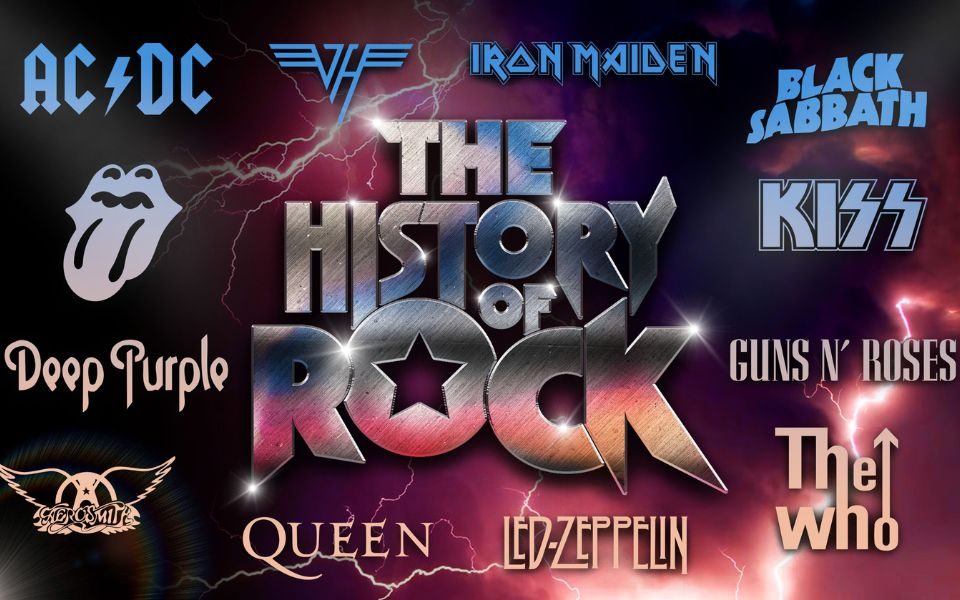 In front of a stormy sky, metallic title text reads: The History of Rock. Logos for the bands AC/DC, Van Halen, Iron Maiden, Black Sabbath, The Rolling Stones, Kiss, Deep Purple, Guns n' Roses, Aerosmith, Queen, Led Zeppelin and The Who.