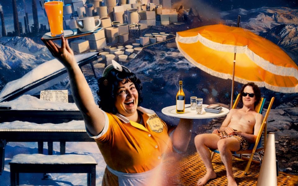 Collage of Supertramp album covers, including a snowy piano, a waitress in yellow uniform holding a drink on a tray, and a man sat beneath an umbrella on a deck chair.