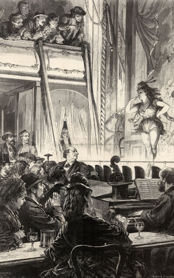 An illustration of a performer at a music hall, performing to a busy crowd.