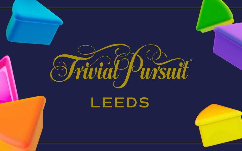 The logo for LeedsBID Trivial Pursuit with gold text reading 'Trivial Pursuit Leeds' with colourful game piece wedges in the corners.