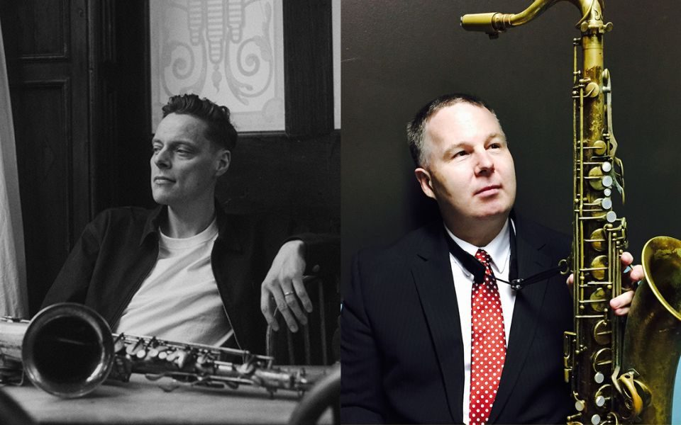Composite image of two portrait shots. On the left, Fraser Smith sits relaxed in a cafe, with a saxophone laid on the table in front of him. On the right, Harry Allen wears a suit and polka dot tie. He holds up a saxophone and looks off to the side.
