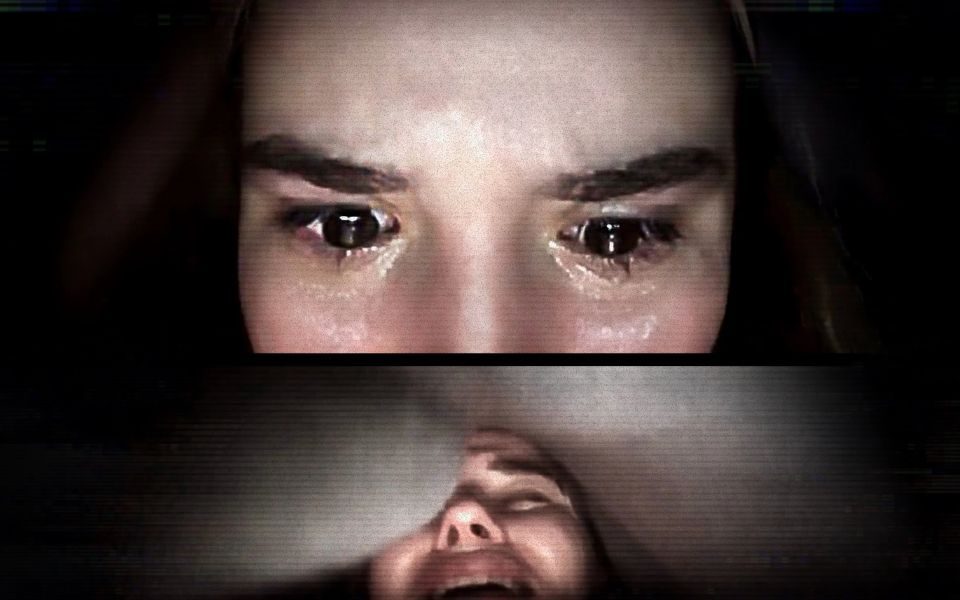 A screenshot of a Zoom call, showing one close-up shot of eyes crying, and another shot of someone screaming.