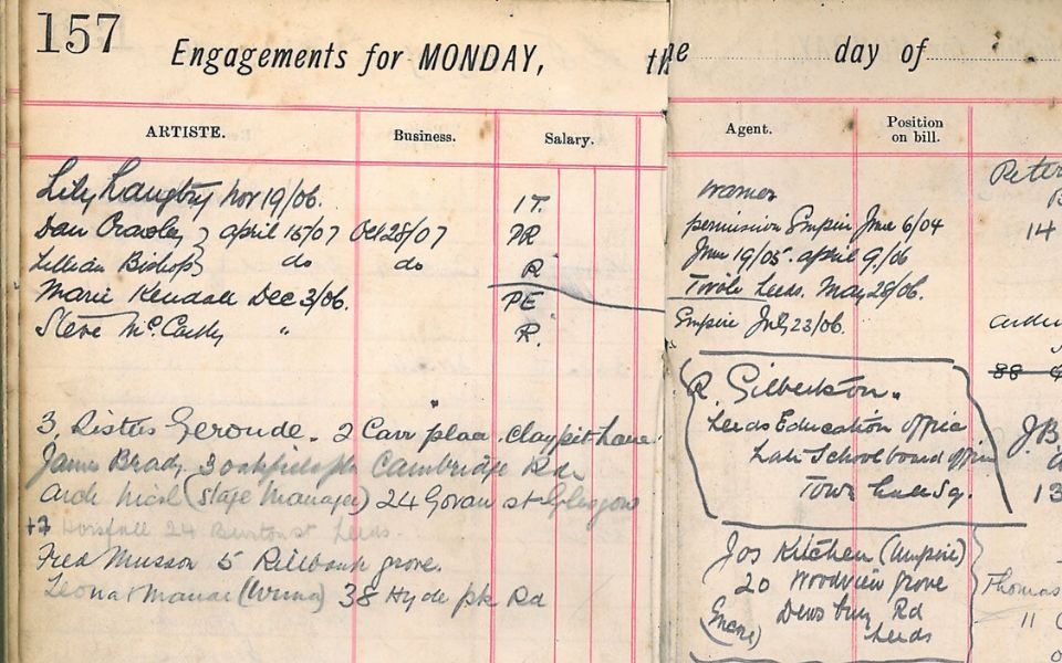 A logbook of performers showing 'Lily Langtry' on the first line.