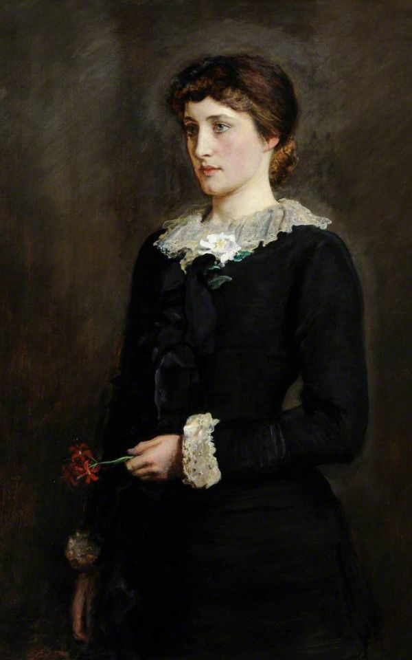 A painting showing a woman in a black dress against a dark background, holding a red flower.
