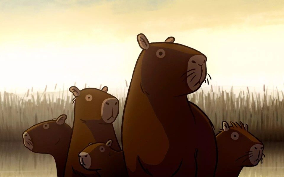 Animated still of a group of capybaras in a golden field.