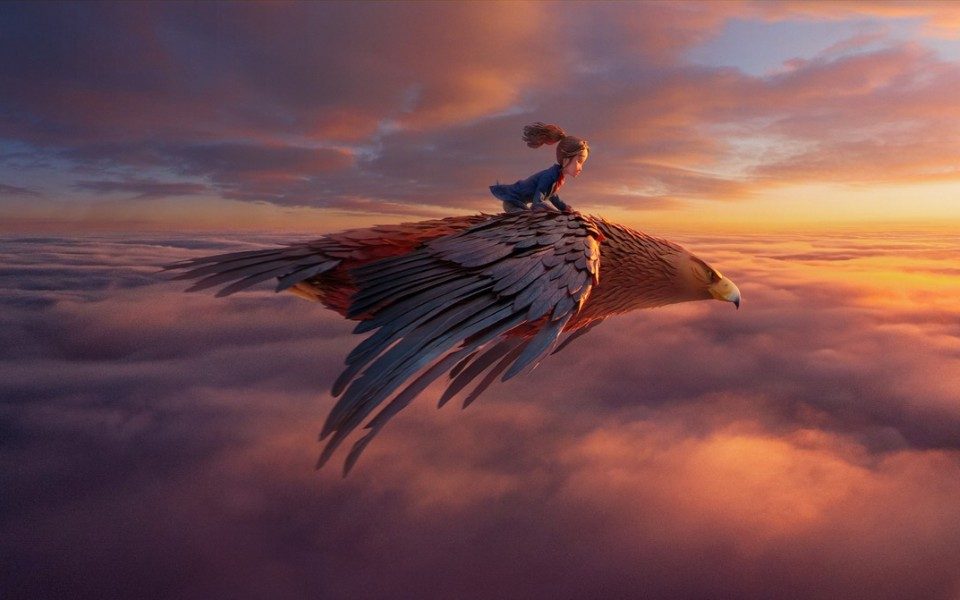 Animated still of a girl riding on the wings of a large bird through a sky at sunset.